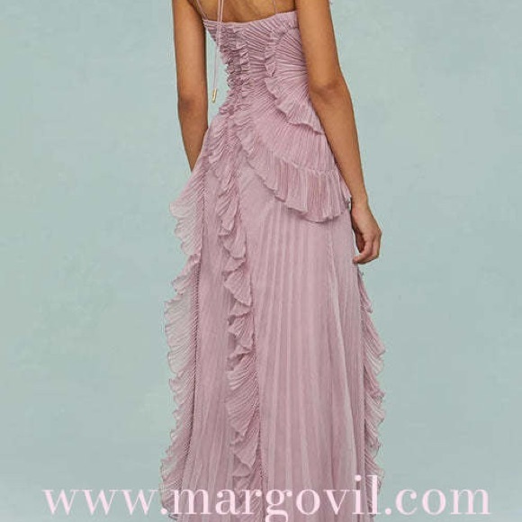 Margovil Strappy Halter Neck Ruffle Trim Asymmetric Hem Pleated Maxi Dress - Picture 4 of 4